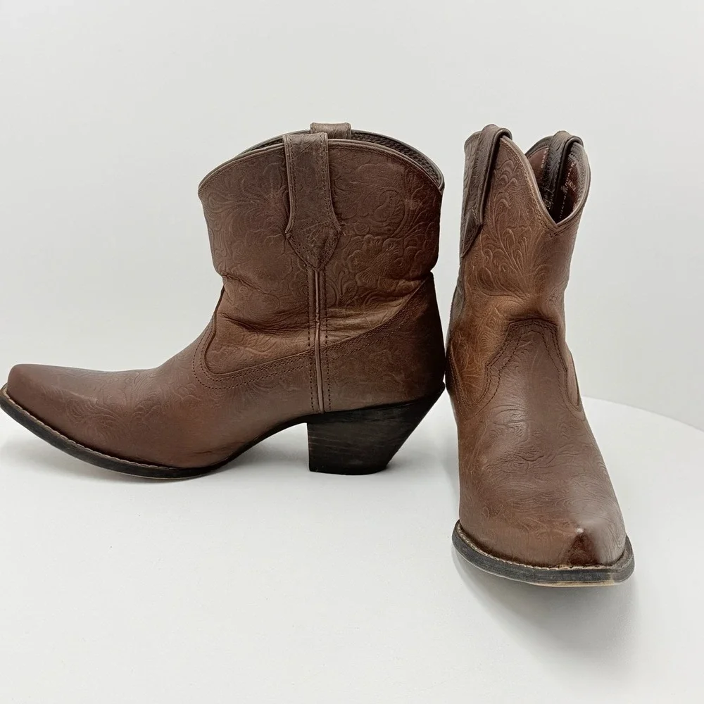 Durango Western Ankle Boots Brown Leather Floral Embossed Womens 10M